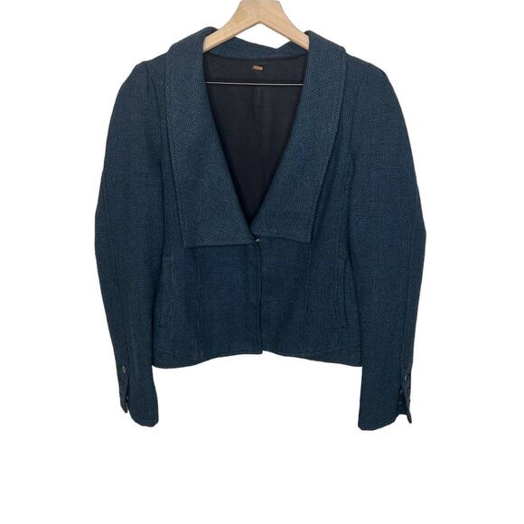 FREE PEOPLE Women's Wool Blend Cropped Military Jacket Puff Sleeve Teal Medium - Picture 1 of 14